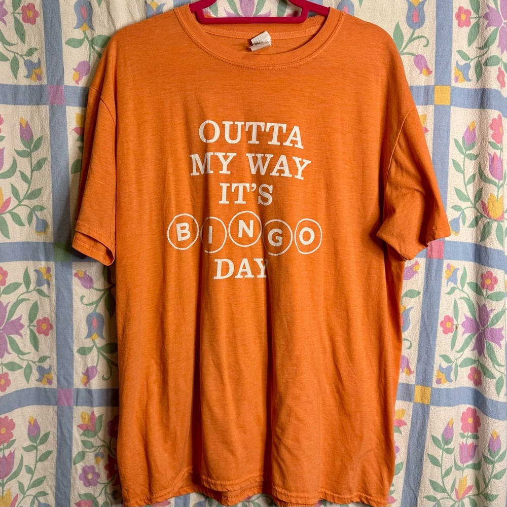 Gildan Novelty “Bingo Day” Bright Orange Screen Print Grandma Graphic T-Shirt